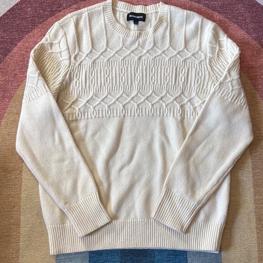 Bonobos Cream Crewneck Sweater with Cable Knit Design